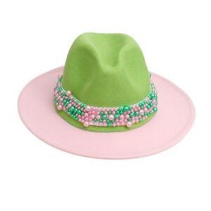 AKA Sorority Pink Green Top Fedora Pearl Hat